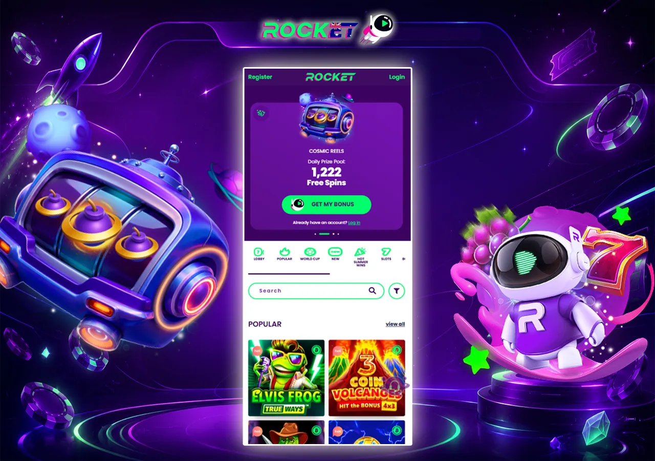 Mobile casino overview with cosmic reels, slot previews, robot mascot and neon purple space background