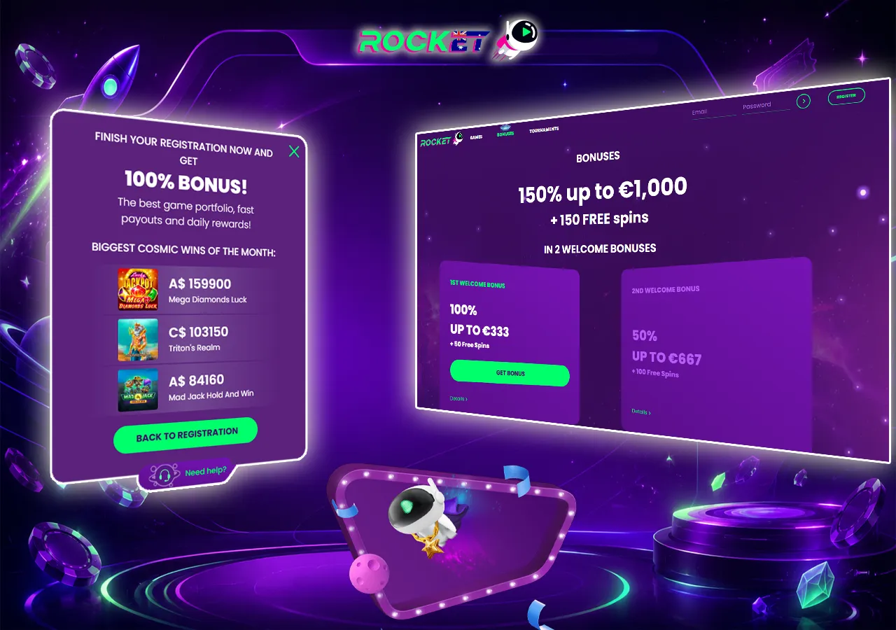Welcome promotions page with bonus panels, free spins offer and futuristic casino interface