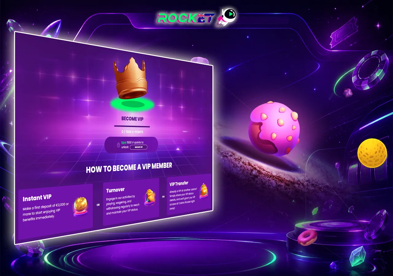 VIP loyalty rewards page with crown, progress points and premium casino membership benefits