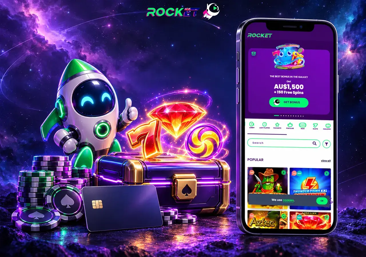 Rocket Casino slots glow on a phone beside a friendly robot and jeweled chest